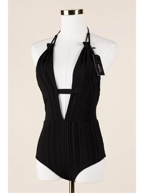 Sz S Tavik Emme Black Minimalist One-Piece Ribbed Halter Top Swimsuit NWT